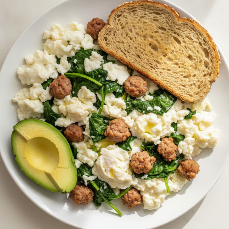 Scrambled Egg Whites with Sautéed Spinach and Turkey Sausage