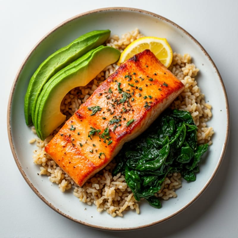 Seared Salmon with Garlic Spinach and Brown Rice