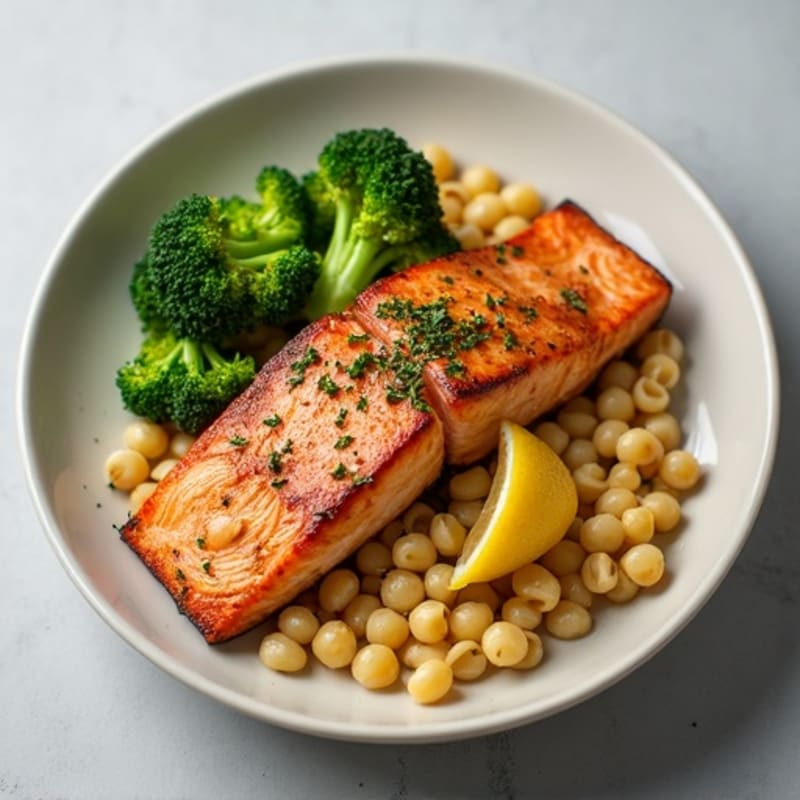 Seared Salmon with Garlic Broccoli and Chickpea Pasta