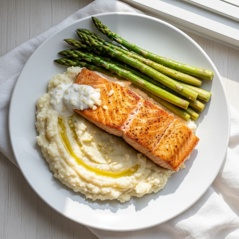 Seared Salmon with Steamed Asparagus and Garlic Mashed Cauliflower