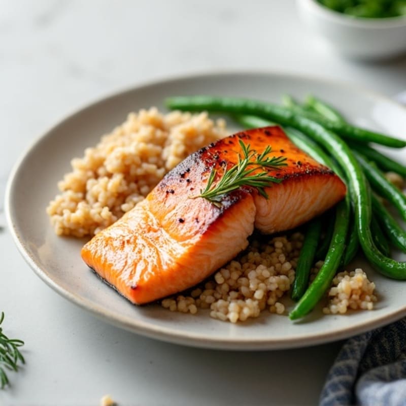 Seared Salmon Fillet with Steamed Green Beans and Brown Rice