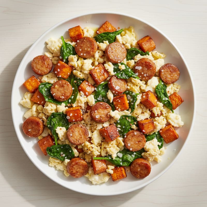 Crispy Turkey Sausage and Egg White Scramble with Roasted Sweet Potatoes