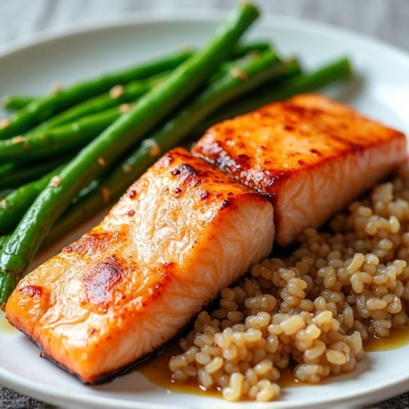 Seared Salmon Fillet with Steamed Green Beans and Brown Rice