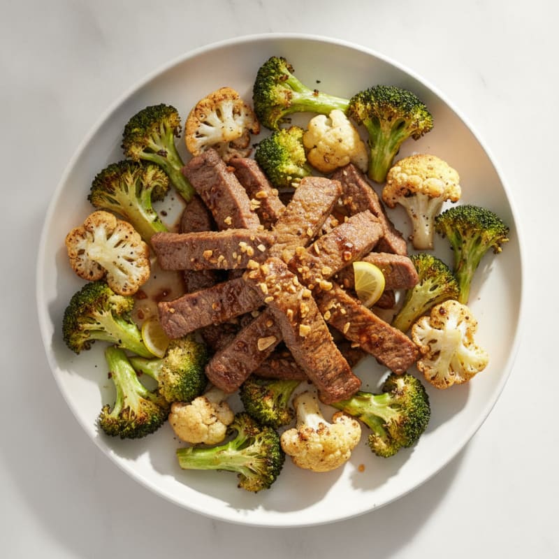 Seared Lean Beef Strips with Roasted Broccoli and Cauliflower