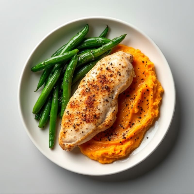 Seared Chicken Breast with Steamed Green Beans and Sweet Potato Mash