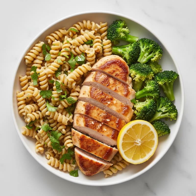 Pan-Seared Chicken Breast with Herb Pasta and Steamed Broccoli
