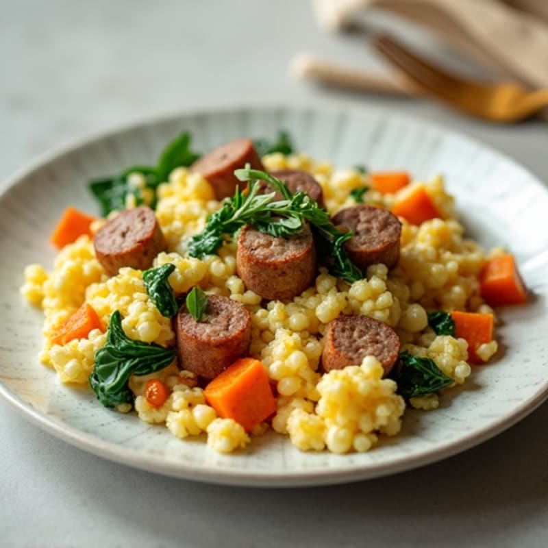 Egg White and Turkey Sausage Scramble with Spinach and Sweet Potato