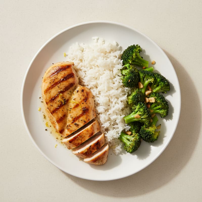Grilled Chicken Breast with Steamed Rice and Broccoli