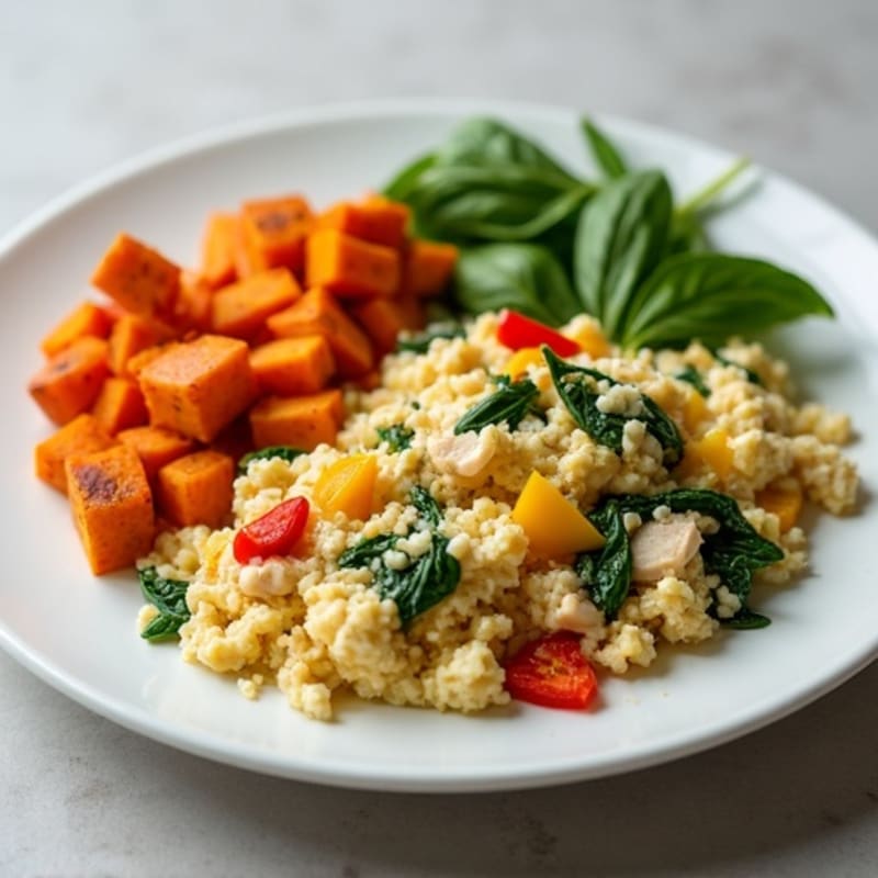 Egg White and Chicken Veggie Scramble with Roasted Sweet Potato