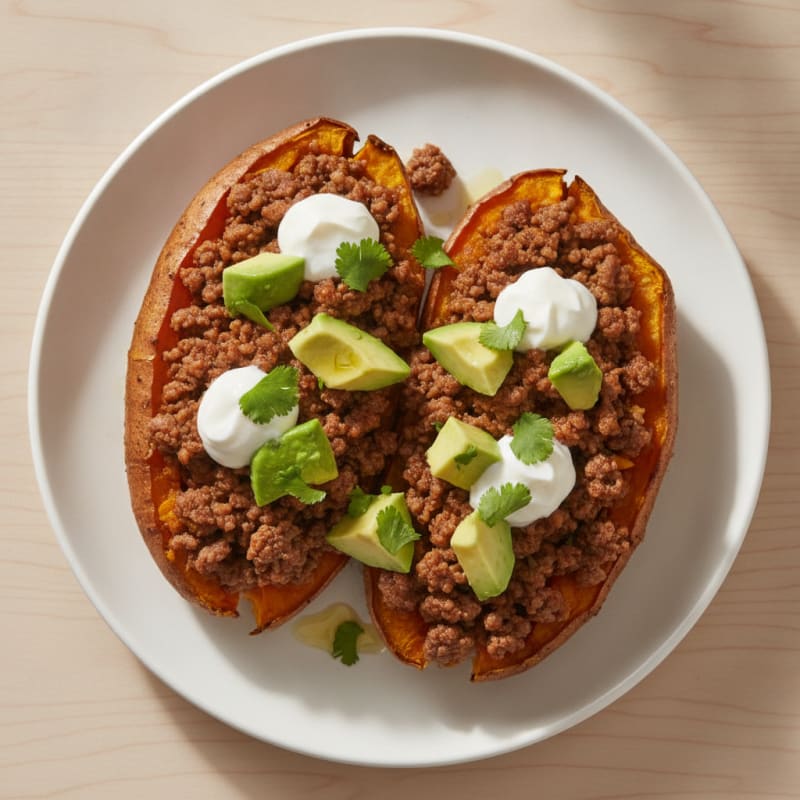 Ground Beef Stuffed Sweet Potato with Avocado