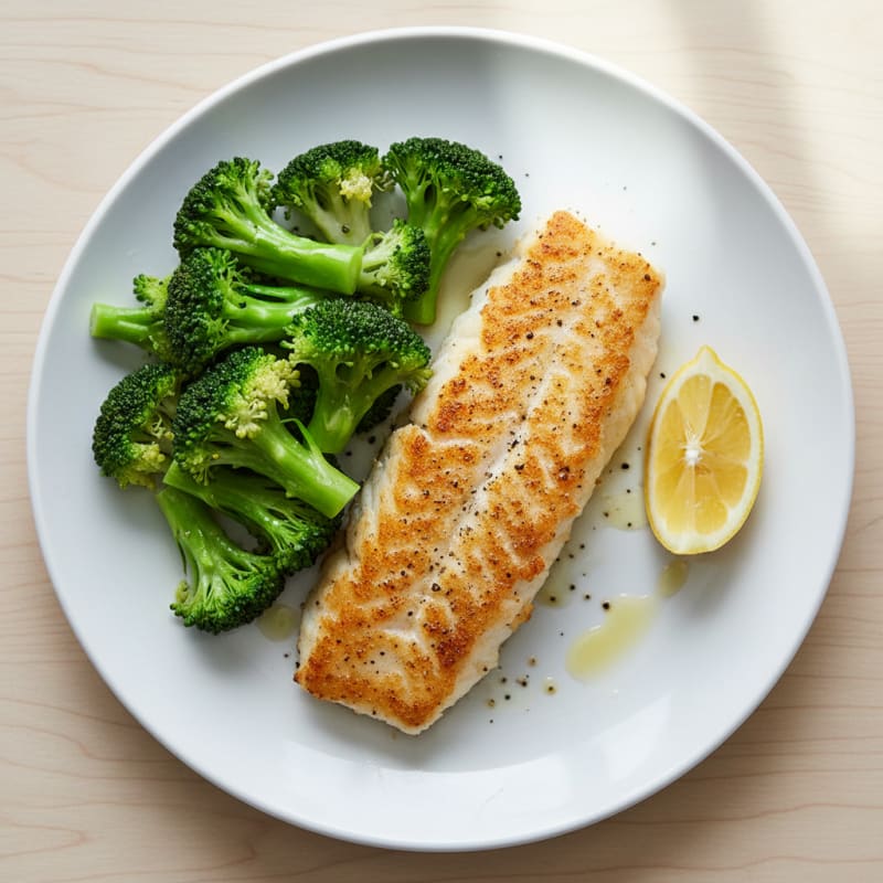 Seared Cod Fillet with Steamed Broccoli and Lemon