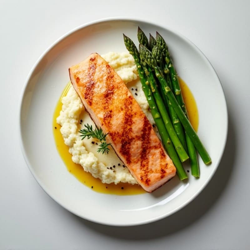 Seared Salmon Fillet with Roasted Asparagus and Cauliflower Mash