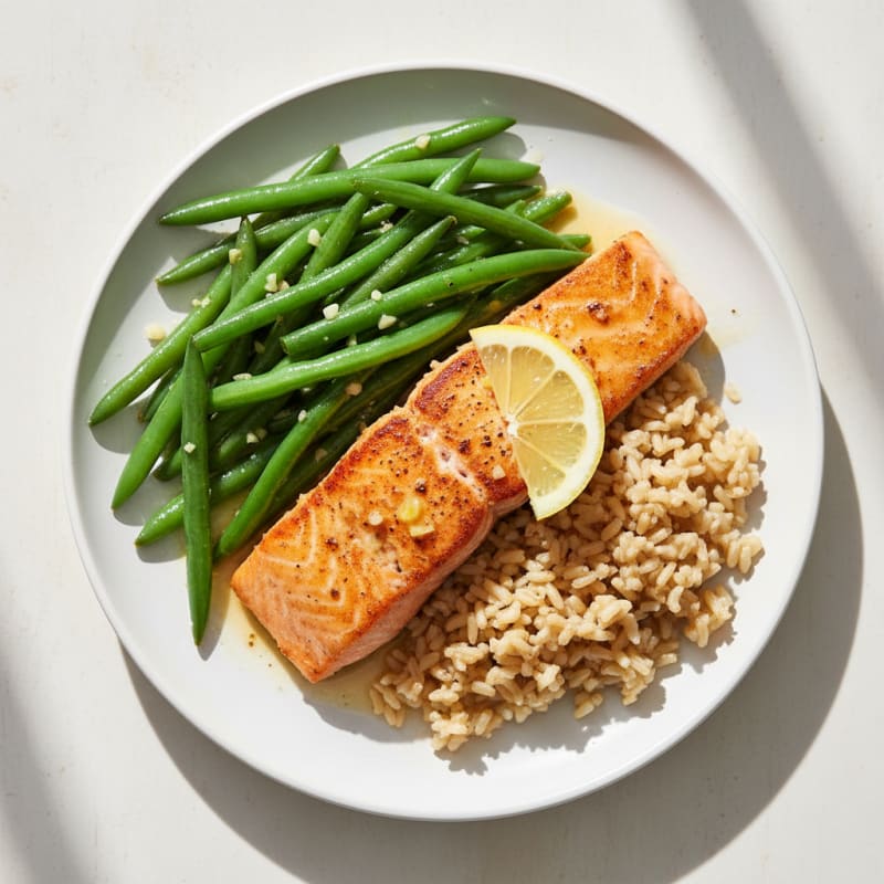Seared Salmon with Garlic Green Beans and Brown Rice