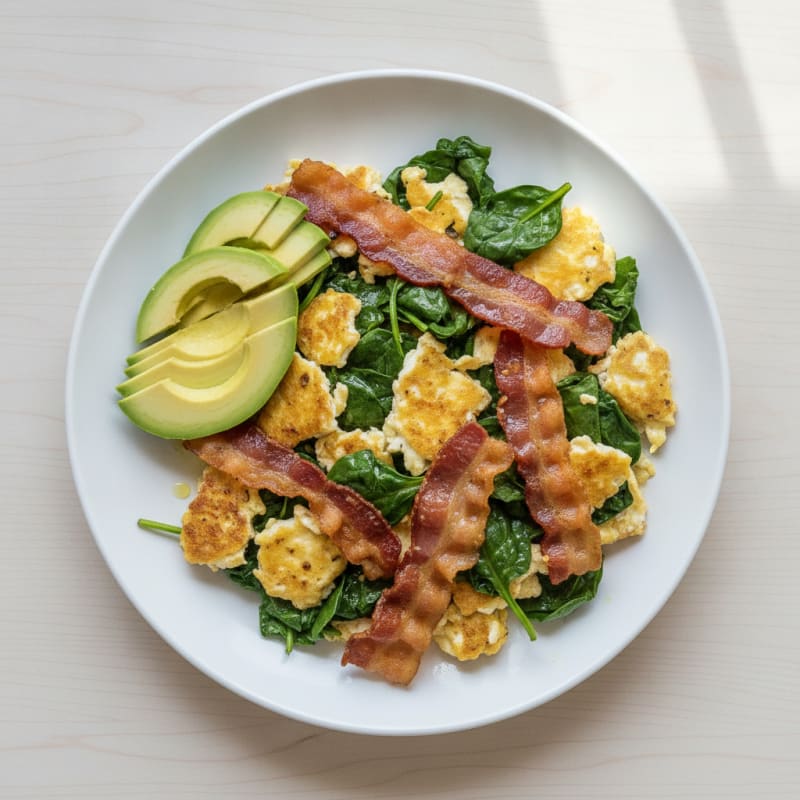Crispy Turkey Bacon and Egg White Scramble with Sautéed Spinach