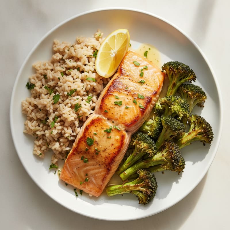 Seared Salmon with Roasted Broccoli and Herb Brown Rice