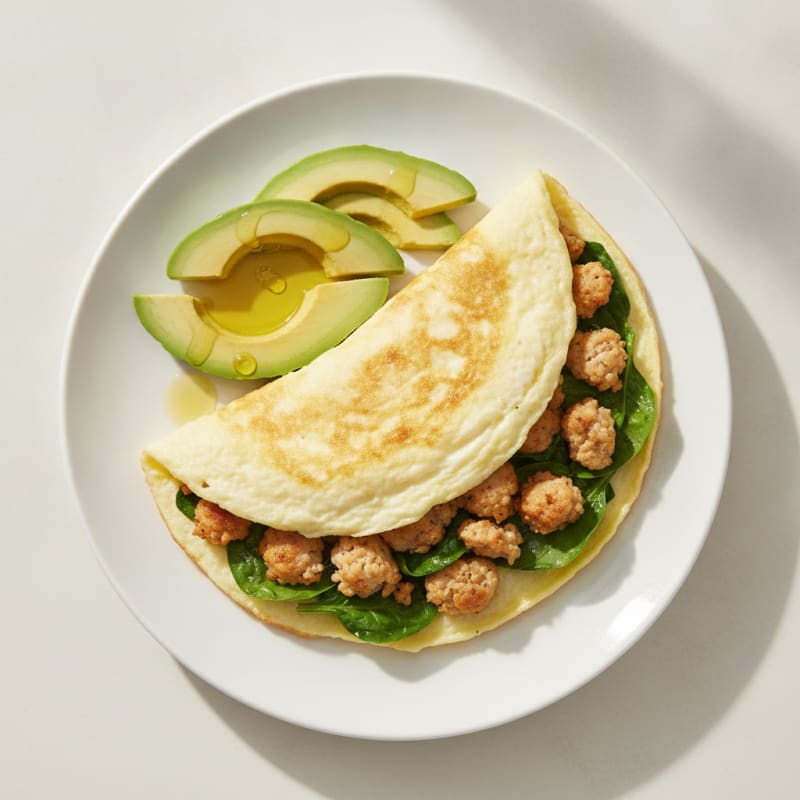 Fluffy Egg White Omelette with Chicken Sausage and Spinach