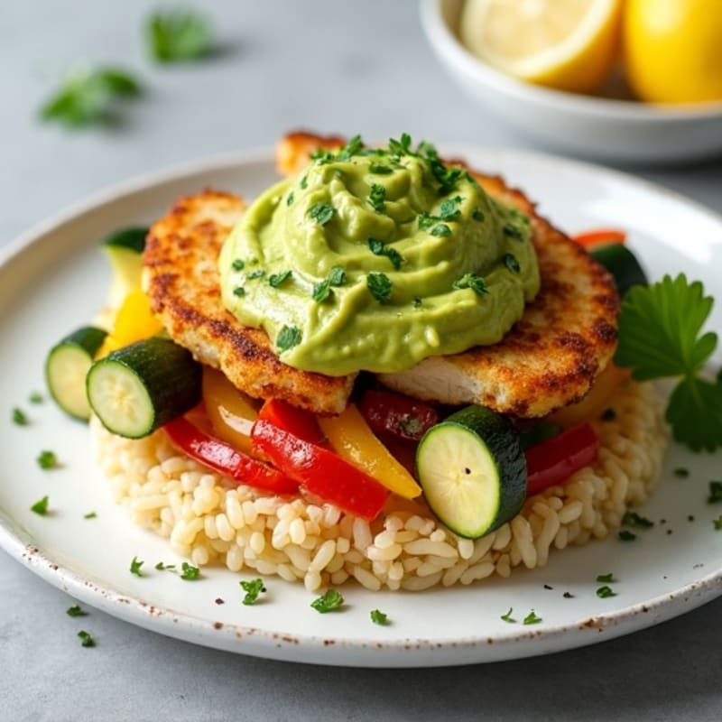 Crispy Rice Cakes with Lemon-Herb Chicken, Smashed Avocado, and Roasted Vegetables