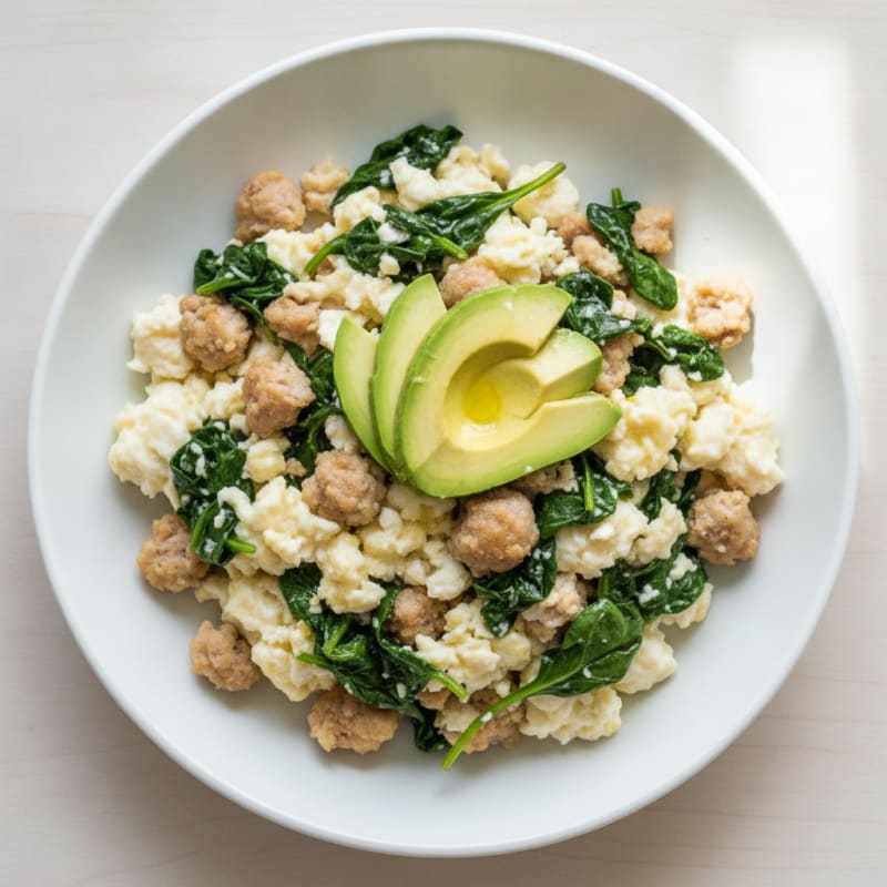 Egg White and Turkey Sausage Scramble with Sautéed Spinach