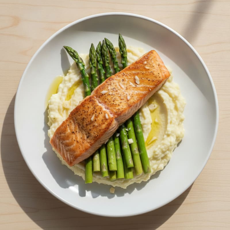 Seared Salmon Fillet with Steamed Asparagus and Garlic Cauliflower Mash