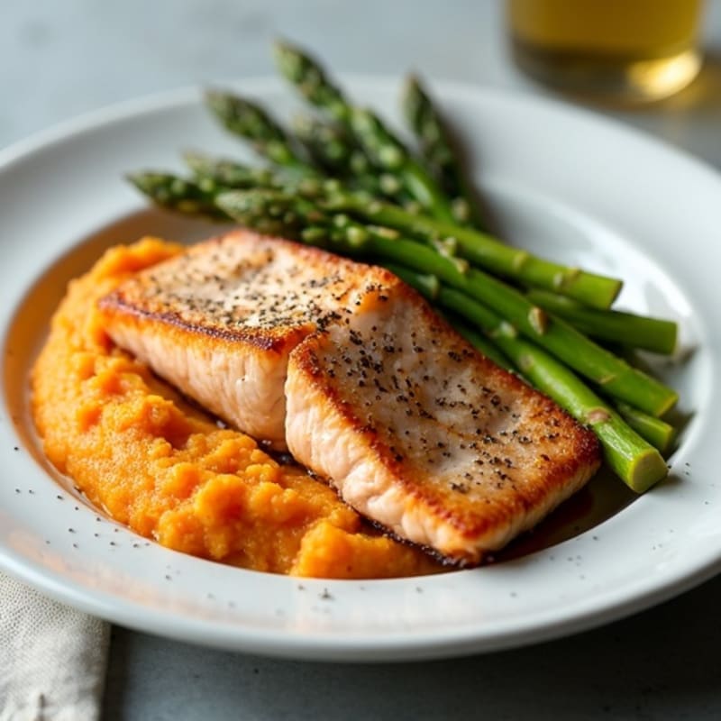 Seared Salmon with Roasted Asparagus and Sweet Potato Mash