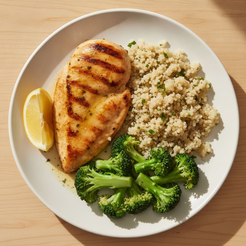 Grilled Chicken Breast with Steamed Broccoli and Quinoa