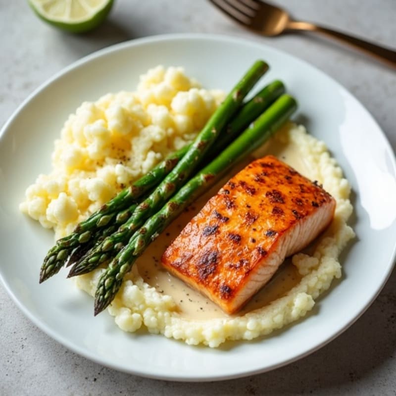 Seared Salmon Fillet with Steamed Asparagus and Garlic Cauliflower Mash