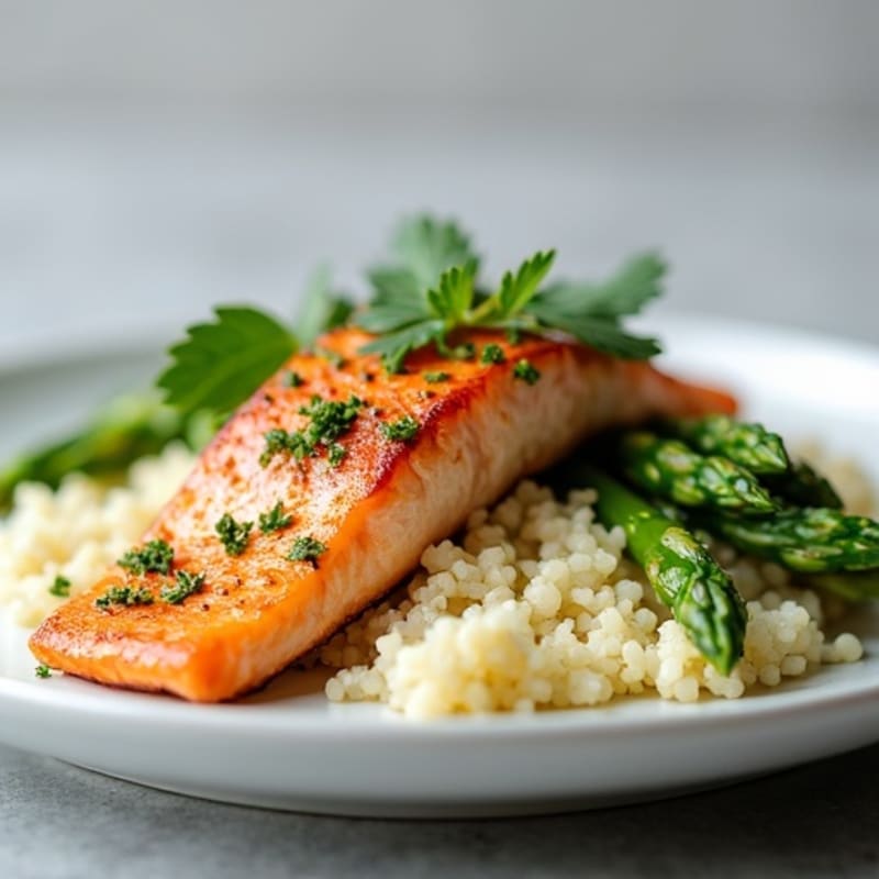 Seared Salmon Fillet with Steamed Asparagus and Cauliflower Rice