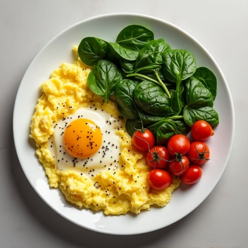 Creamy Scrambled Eggs with Fresh Spinach and Roasted Cherry Tomatoes