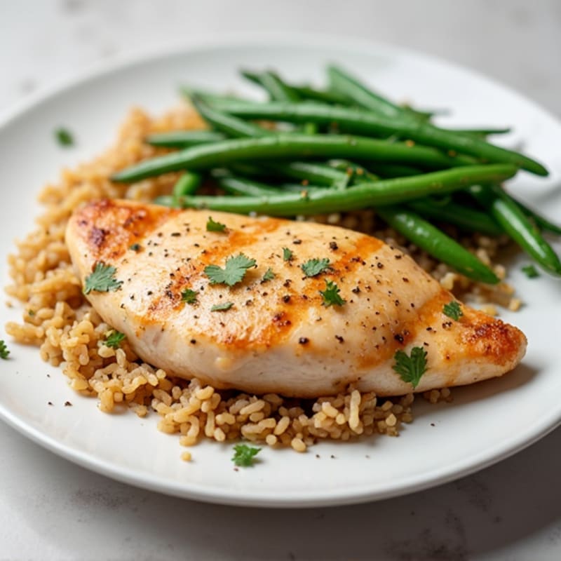 Seared Chicken Breast with Garlic Green Beans and Brown Rice
