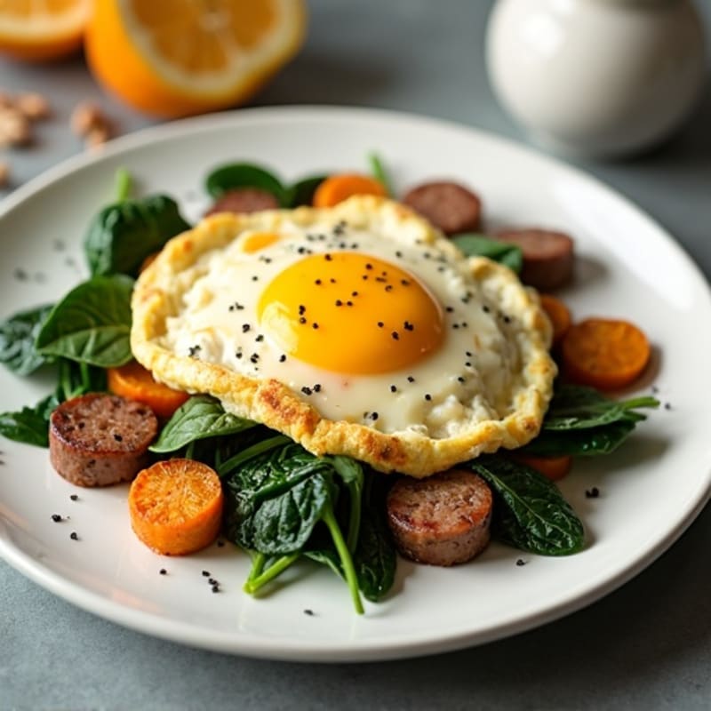 Egg White Spinach Scramble with Turkey Sausage and Roasted Sweet Potatoes