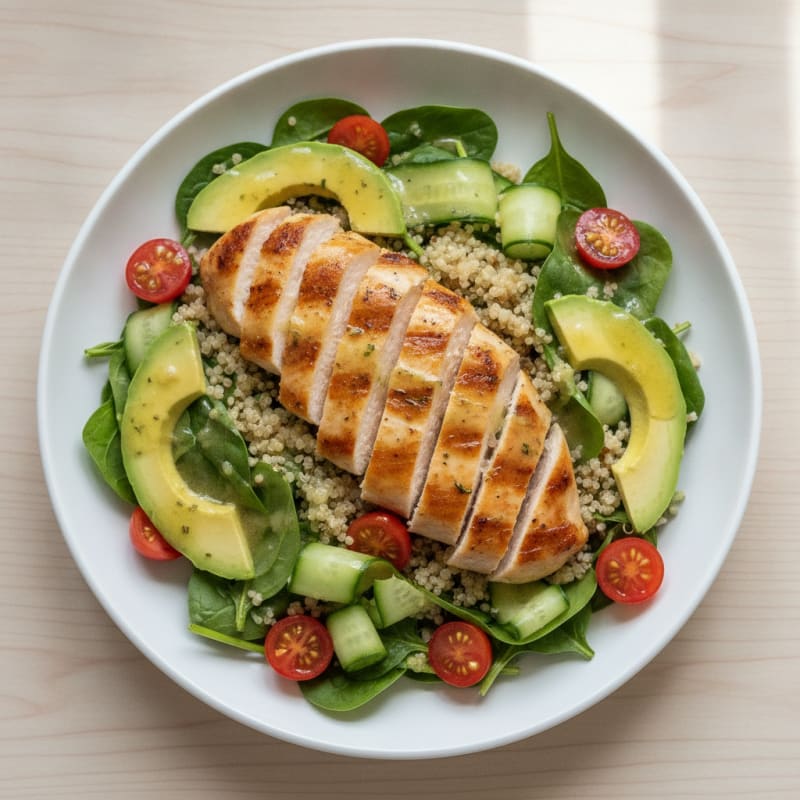 Grilled Chicken and Quinoa Salad with Spinach and Cherry Tomatoes