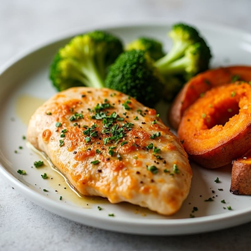 Lemon-Herb Roasted Chicken Breast with Crispy Broccoli and Roasted Sweet Potato