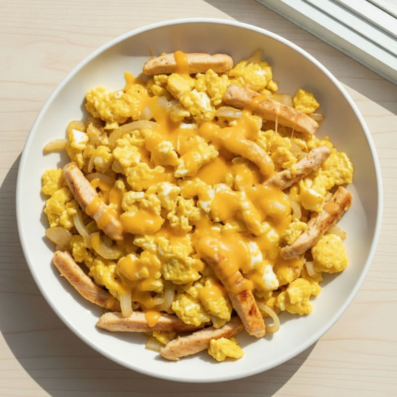 Egg and Chicken Scramble with Sautéed Onions and Cheddar