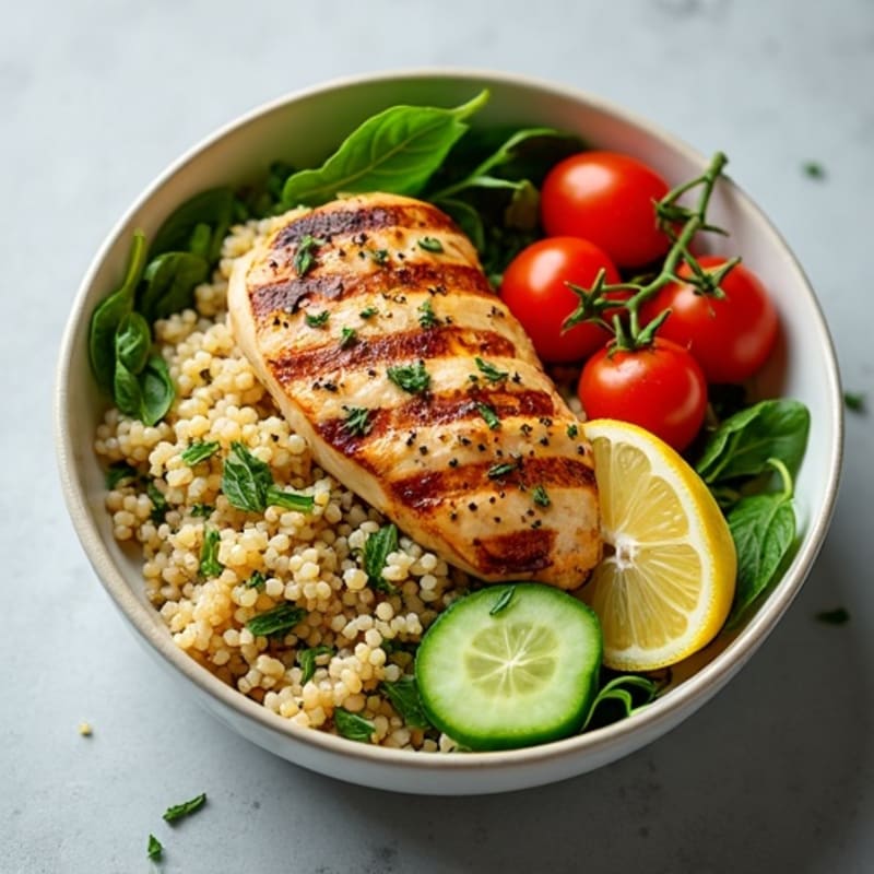 Herb-Marinated Chicken and Quinoa Bowl with Fresh Vegetables