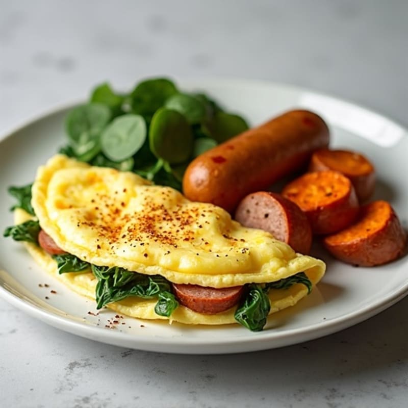 Egg White Spinach Omelette with Turkey Sausage and Roasted Sweet Potatoes