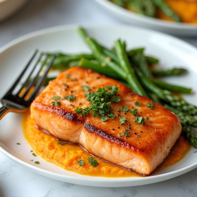 Seared Salmon with Steamed Asparagus and Sweet Potato Mash