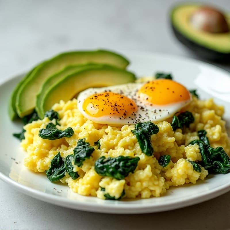 Creamy Scrambled Eggs with Fresh Spinach and Sliced Avocado