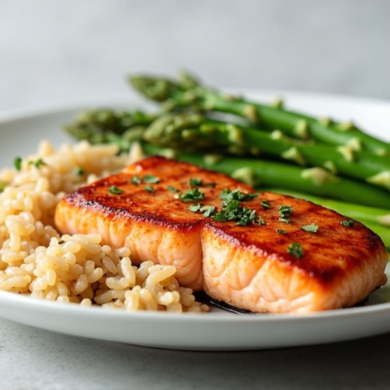 Seared Salmon with Steamed Asparagus and Brown Rice