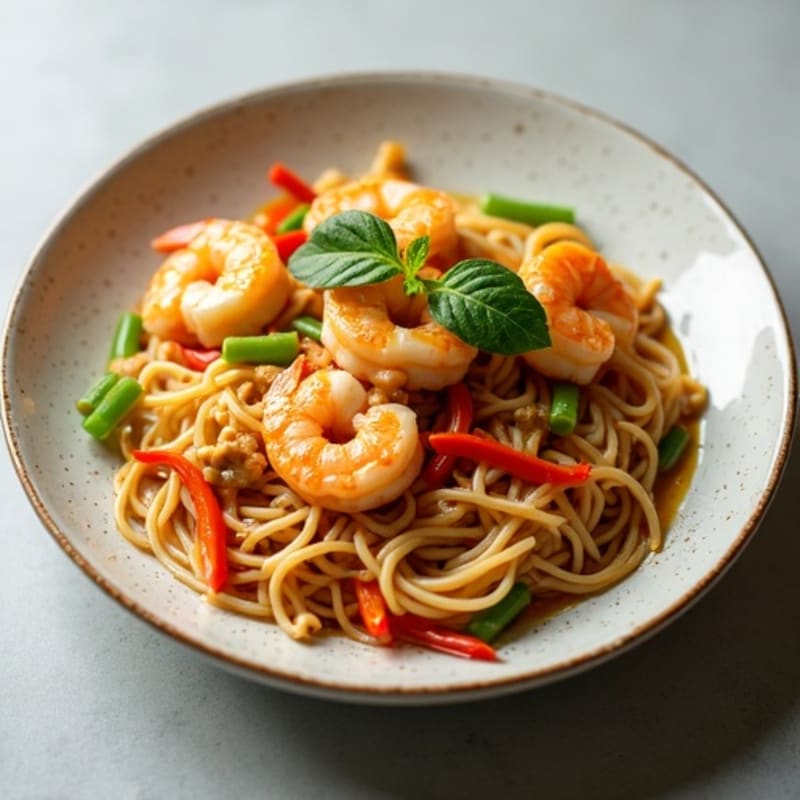 Shrimp & Tofu Rice Noodle Stir-Fry with Tangy Peanut-Lime Sauce