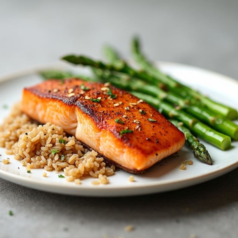 Seared Salmon with Steamed Asparagus and Brown Rice