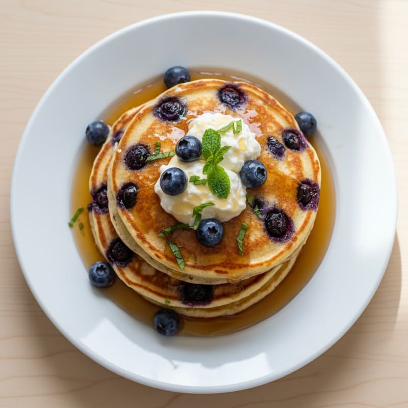 Blueberry Ricotta Pancakes with Maple Syrup