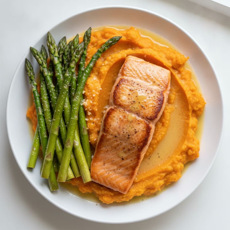 Seared Salmon with Roasted Asparagus and Sweet Potato Mash