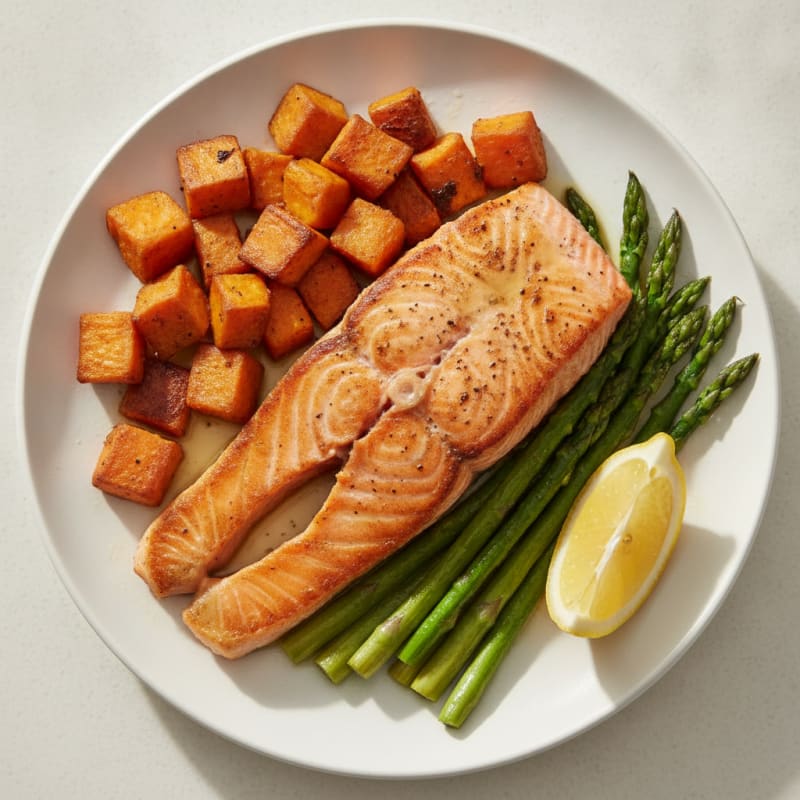 Seared Salmon Fillet with Roasted Sweet Potatoes and Asparagus