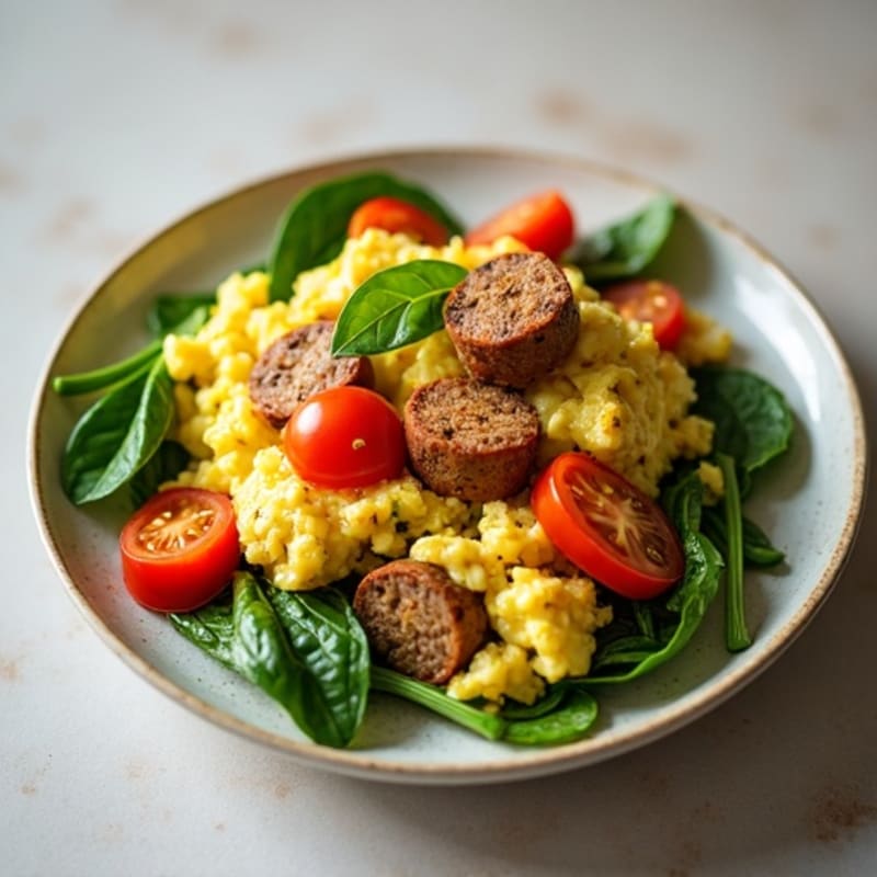 Egg White and Turkey Sausage Scramble with Spinach and Tomatoes