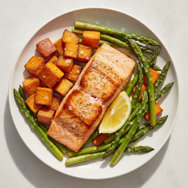 Seared Salmon with Roasted Sweet Potatoes and Asparagus