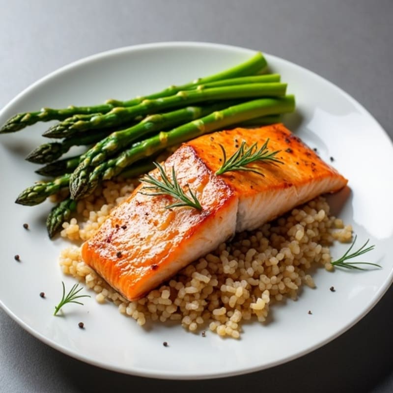 Seared Salmon Filet with Steamed Asparagus and Brown Rice