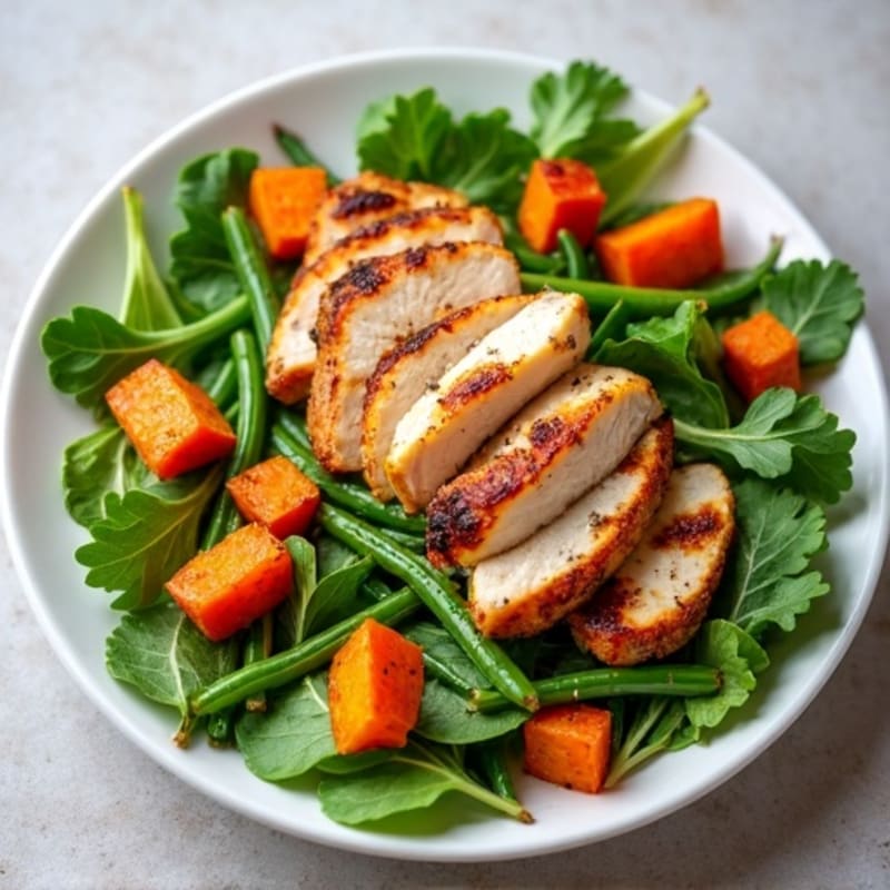 Crispy Roasted Sweet Potato and Green Bean Salad with Fresh Greens