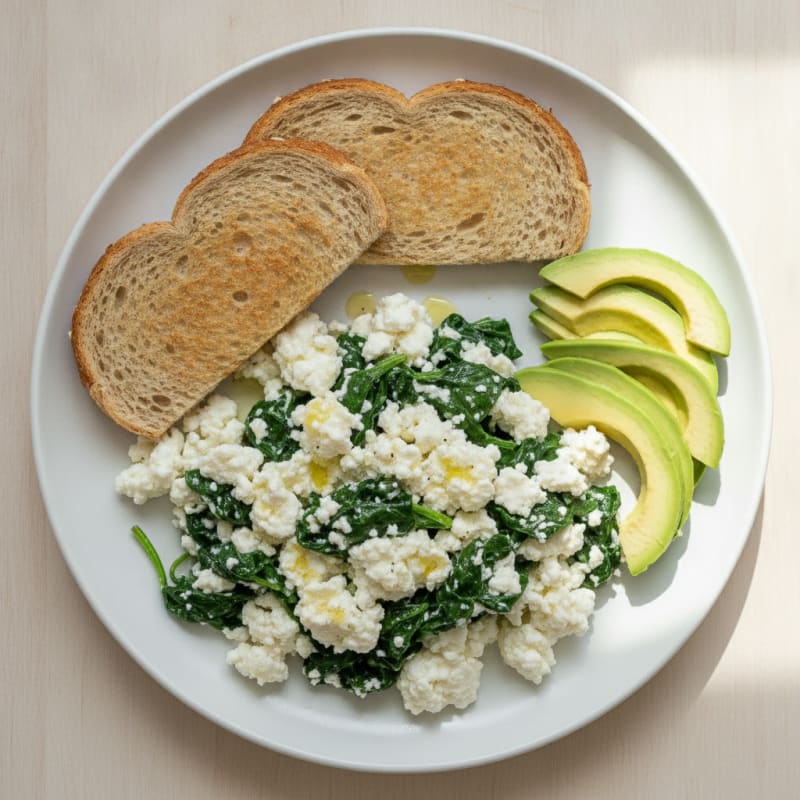 Egg White and Cottage Cheese Scramble with Sautéed Spinach