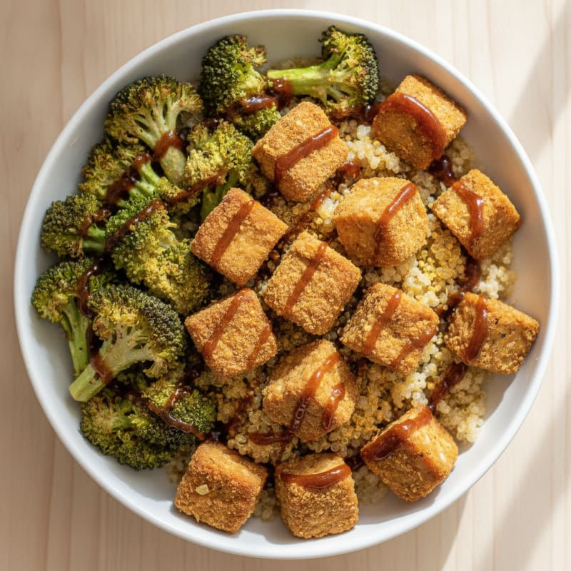 Crispy Tempeh Power Bowl with Quinoa and Roasted Broccoli