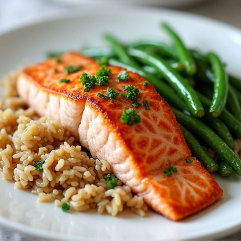 Seared Salmon with Garlic Green Beans and Brown Rice